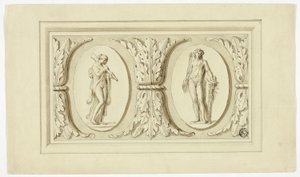 Twee medaillons met staande figuren van Omphale en Bacchus, gescheiden door ontwerp van Acanthusbladeren door Giovanni Battista Cipriani