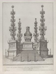 Catafalque voor paus Clemens X: een centrale structuur op een platform met 15 treden, 1676 door Giovanni Battista Falda
