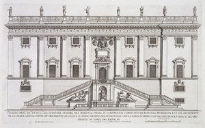 Gezicht op de gevel van Palazzo Senatorio op Piazza del Campidoglio, Rome, begonnen door Michelangelo Buonarroti en voltooid door Girolamo Rainaldi
