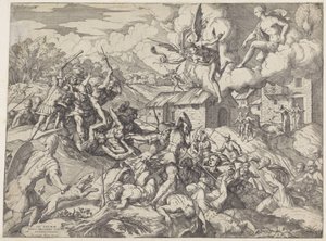 Soldaten van Aeneas vechten met dienaren van koning Latinus
