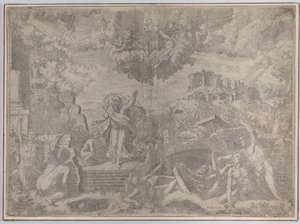 Het visioen van Ezechiël, met de doden die opstaan en hun vlees aantrekken, God de Vader erboven, 1579 door Giovanni Battista Fontana