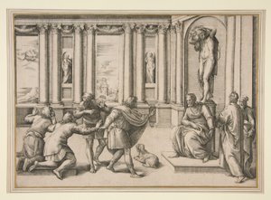 Man zittend onder een standbeeld van Bacchus, ontvangt een publiek door Giovanni Battista Franco (called Il Semolei)