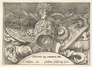 Plaat 3: trofeeën van Romeinse wapens van decoraties boven de ramen op de tweede verdieping van ..., 1656 door Giovanni Battista Galestruzzi