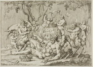 Silenus liggend met geiten en saters door Giovanni Battista Galestruzzi
