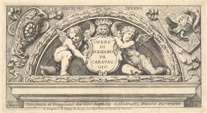 Titelplaat voor serie prenten naar Poloidoro, titel op een schild ondersteund door twee putti, 1658 door Giovanni Battista Galestruzzi