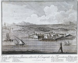Uitzicht op de haven van Livorno toen het werd gekocht door de Florentijnen in 1421, gravure uit Collectie van beste uitzichten van Stad en Haven van Livorno door Giovanni Battista Guerazzi