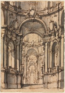 Ontwerp voor een toneeldecor: Interieur van een paleis met arcades door Giovanni Battista III Natali