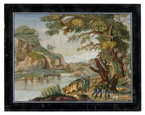Een Italiaanse micromozaïek afbeelding van een jachtpartij in een rivierlandschap door Giovanni Battista Luchini