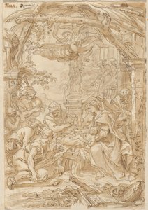 De aanbidding van de herders, ca. 1680-1690 (pentekening) door Giovanni Battista Merano