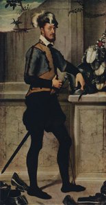 Een ridder met zijn steekhelm door Giovanni Battista Moroni