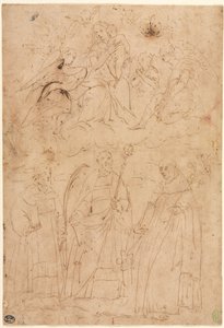 Madonna en Kind in Glorie boven drie heiligen, ca. 1570 door Giovanni Battista Paggi