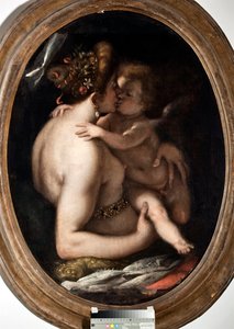 Venus en Cupido. Schilderij door Giovanni Battista Paggi (1554-1627) Genes, Musei di Strada Nuova inv n PB 1409