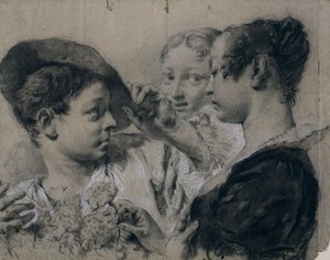Een jonge vrouw die een anjer koopt van een jonge man, ca. 1740