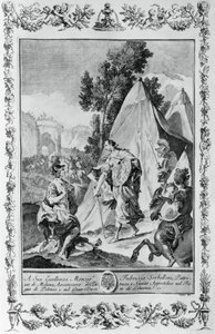 Kruisvaarders bij het Beleg van Jeruzalem, gravure voor Canto III van Jeruzalem Bevrijd, door Torquato Tasso, uitgegeven door Giovanni Battista Albrizzi, Venetië, Italië door Giovanni Battista Piazzetta