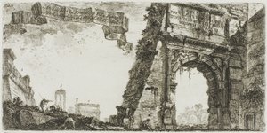 1. Boog van Titus. 2. Villa Farnese. 3. Zuilen van de Tempel van Jupiter Stator. 4. Boog van Septimius Severus. 5. Tempel van Vrede, plaat zes uit Enkele uitzichten van triomfbogen en andere monumenten door Giovanni Battista Piranesi