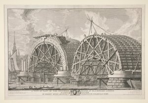 Een uitzicht op een deel van de beoogde brug bij Blackfriars, Londen, in augustus MDCCLXIIII door Robert Mylne, Architect, gegraveerd door Piranesi in Rome