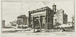 Boog van Septimius Severus. 1. Tempel van Concord. 2. Beklimming naar de Capitolijnse heuvel, plaat 13 uit Enkele uitzichten van triomfbogen en andere monumenten door Giovanni Battista Piranesi