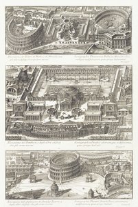 Vogelvluchtweergaven van: de Balbo en Marcello Theaters, het Pantheon en omgeving, en het Statilio Tauro Amfitheater door Giovanni Battista Piranesi