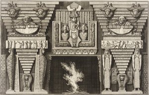 Schoorsteenmantel in Egyptische stijl: twee mummies in profiel links en twee figuren die rechts obelisken dragen. door Giovanni Battista Piranesi