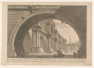 Gezicht op een brug met bogen en loggia