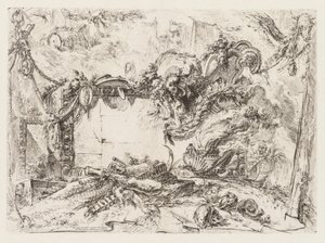 Groteschi: Ruïnes met schedels en een rokende vaas door Giovanni Battista Piranesi