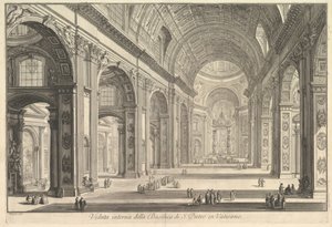 Binnenaanzicht van de Sint-Pietersbasiliek in het Vaticaan, uit Vedute di Roma Romeinse Zichten, ca. 1748