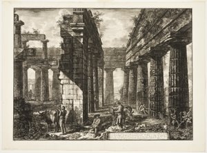 Interieur van de overblijfselen van een van de pronaoi van de Tempel van Neptunus die landinwaarts gericht is, uit Verschillende Zichten van Paestum door Giovanni Battista Piranesi