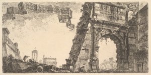Plaat 6: 1. Boog van Titus. 2. Villa Farnese. 3. Zuilen van de Tempel van Jupiter Stato..., ca. 1748