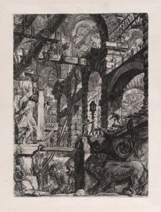 De Leeuwen Bas-Reliefs, plaat 5 uit Carceri d door Giovanni Battista Piranesi