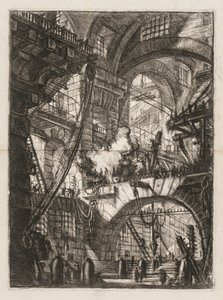 De gevangenissen: Een perspectief van bogen met een rokend vuur in het midden door Giovanni Battista Piranesi