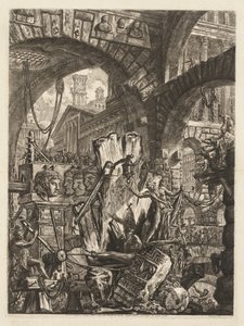 De gevangenissen: Een architectonische mengelmoes, met een man op de rots op de voorgrond door Giovanni Battista Piranesi