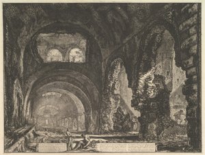 De zogenaamde Villa van Maecenas in Tivoli. Interieur met twee figuren in de opening van..., ca. 1764 door Giovanni Battista Piranesi