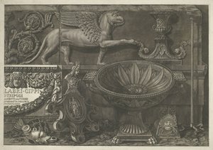 Titelprent met sculpturen, gebeeldhouwde reliëfs en een sarcofaag met titel (rechter deel) door Giovanni Battista Piranesi
