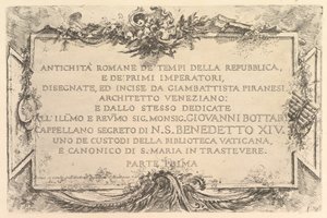 Titelpagina: Romeinse Oudheid van de Tijd van de Republiek en de Eerste Keizers Antich..., ca. 1748 door Giovanni Battista Piranesi