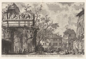 Uitzicht op de Tempel van Jupiter Tonans (Jupiter de Donderaar; eigenlijk de Tempel van Vespasianus en Titus), uit Vedute di Roma door Giovanni Battista Piranesi
