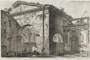 Zicht op de portiek van Ottavia (De portiek van Ottavia: de ingang, buitenkant) door Giovanni Battista Piranesi
