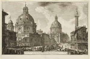 Zicht op twee kerken, de ene genaamd 1. S. Maria di Loreto, de andere 2. De Naam van Maria, nabij 3. Maria di Loreto. De Naam van Maria, vlakbij 3. Zuil van Trajanus. 4. De beklimming van de Quirinal, van Gezicht op Rome
