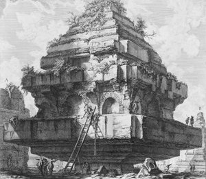 Uitzicht op een grote structuur, overblijfselen van het graf van de Metelli aan de Via Appia