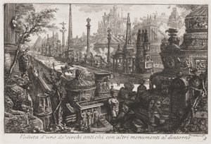 Zicht op een oud circus met andere monumenten binnenin, c.1760 (ets)