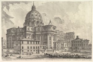 Uitzicht op de buitenkant van de Sint-Pietersbasiliek in het Vaticaan, uit Vedute di Roma Roma, ca. 1748
