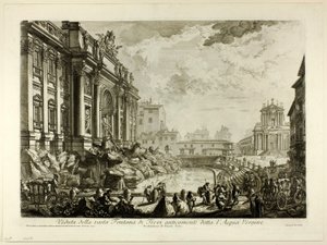 Uitzicht op de grote Trevifontein, voorheen de Acqua Vergine genoemd, uit Zichten op Rome door Giovanni Battista Piranesi