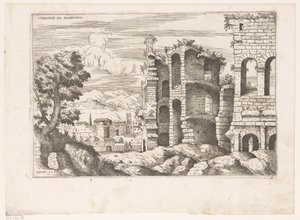 Gezicht op het Colosseum en omgeving te Rome door Giovanni Battista Pittoni (I)