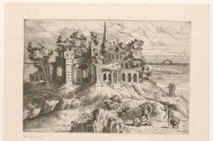 Landschap met ruïnes aan het water en een op- of ondergaande zon door Giovanni Battista Pittoni (I)