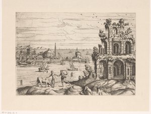 Stadsgezicht met ruïnes en fantasie-architectuur aan het water door Giovanni Battista Pittoni (I)