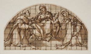 Lunet met de Madonna en Kind met St. Franciscus van Assisi en Catharina van Siena door Giovanni Battista Ricci