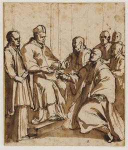 Paus Paulus V geeft de bul "Universi agri domini" uit van 1612 door Giovanni Battista Ricci