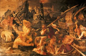 Zeeslag, fresco Galerie van Frans I, Kasteel van Fontainebleau (Werelderfgoed door UNESCO)