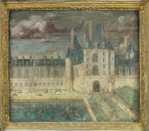 Uitzicht op het kasteel van Fontainebleau rond 1535 - 1540