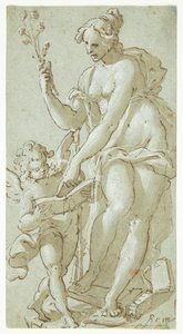 Venus onderwijst Amor, die in een boek leest door Giovanni Battista Rovere