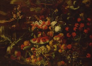 Stilleven met Fruit, Groenten en Bloemen door Giovanni Battista Ruoppolo or Ruopolo